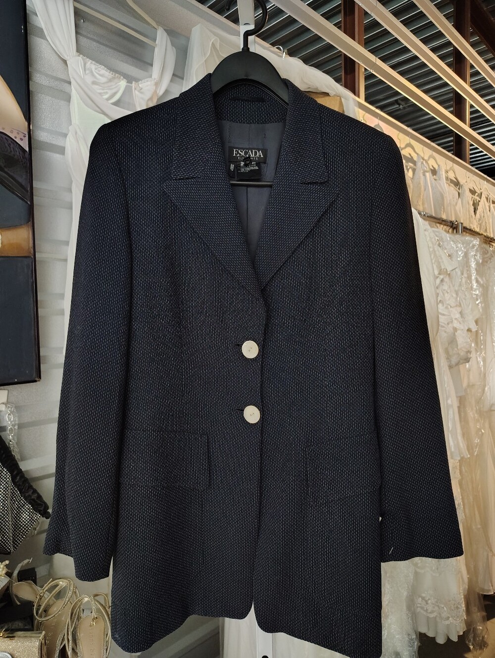 Vintage Textured Escada Wool Blend Blazer Navy Two Button Jacket Size 36 - Picture 6 of 8
